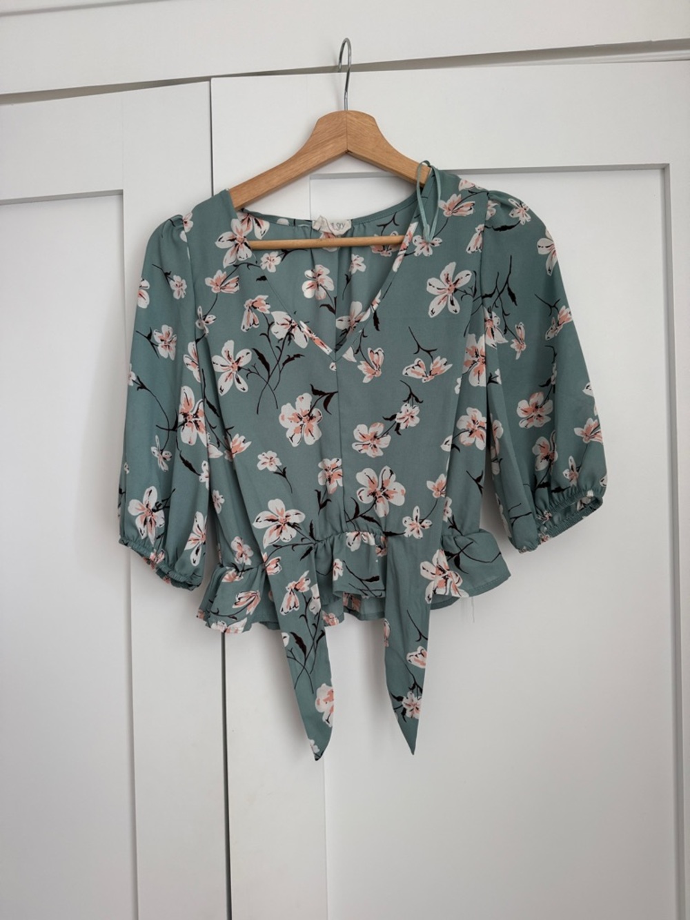 Sienna Sky Sage Green Floral Tie-Front Peplum Blouse